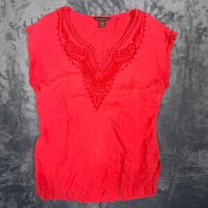 Tommy Bahama Women's XS Embroidered V Neck Tunic Red Cap Sleeve Resortwear
